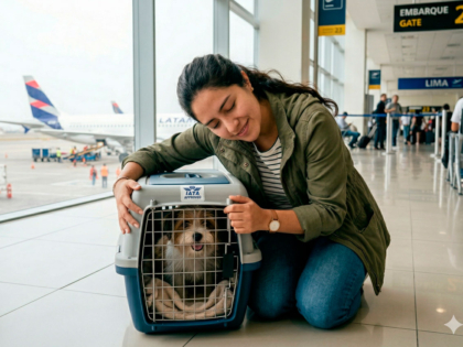 mujer-peruana-joven-en-aeropuerto-de-Lima-abrazando-a-su-perro-pequeño-dentro-de-un-kennel-homologado-IATA