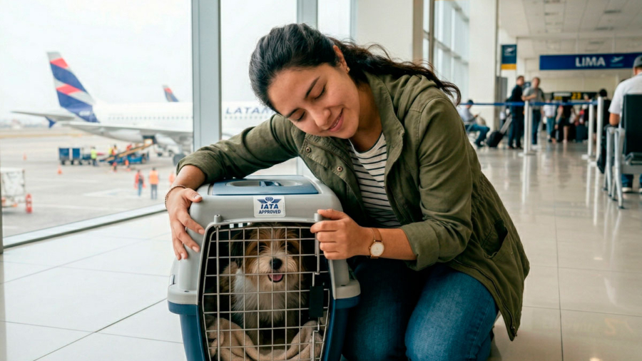 mujer-peruana-joven-en-aeropuerto-de-Lima-abrazando-a-su-perro-pequeño-dentro-de-un-kennel-homologado-IATA