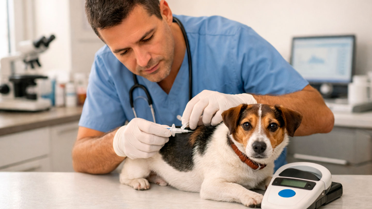 veterinario-en-Lima-implantando-microchip-a-un-perro-pequeño-en-consultorio-moderno