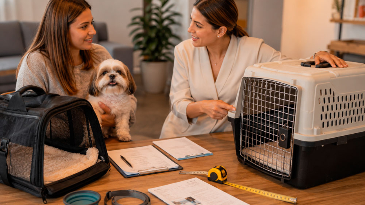 mascota-recibiendo-asesoría-para-elegir-entre-un-bolso-transportín-flexible-y-un-kennel-rígido-de-fibra-de-vidrio