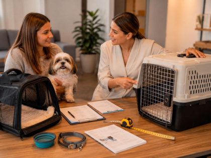 mascota-recibiendo-asesoría-para-elegir-entre-un-bolso-transportín-flexible-y-un-kennel-rígido-de-fibra-de-vidrio