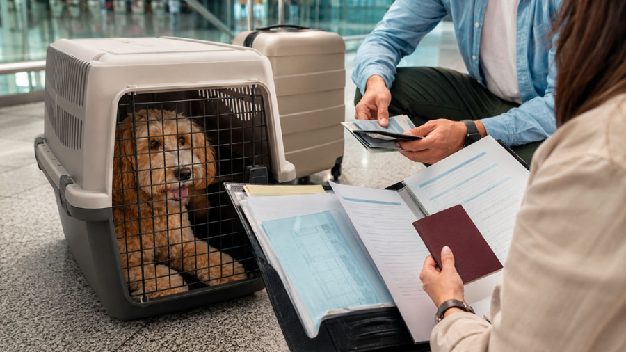 familia-preparando-el-viaje-internacional-de-su-perro-en-un-aeropuerto-de-Lima